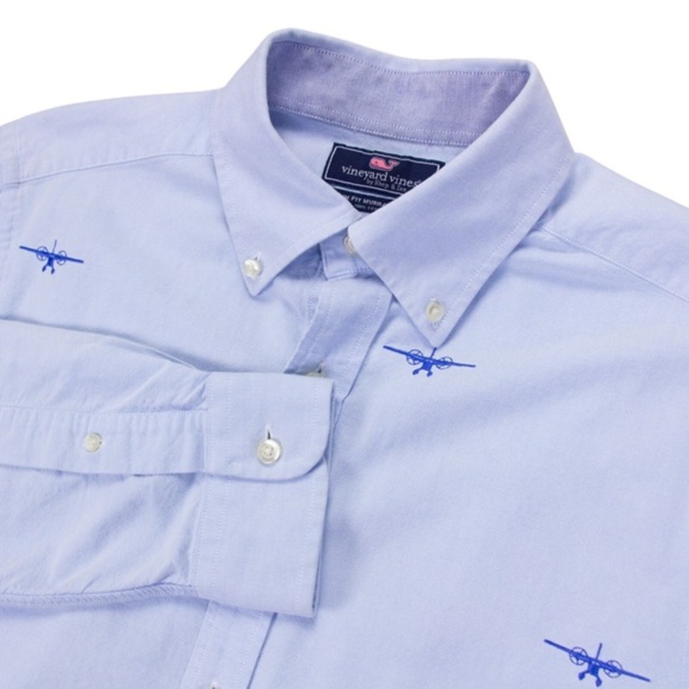 Vineyard Vines Mens M Blue Slim Fit Murray Oxford LS Airplanes Long Sleeve Shirt